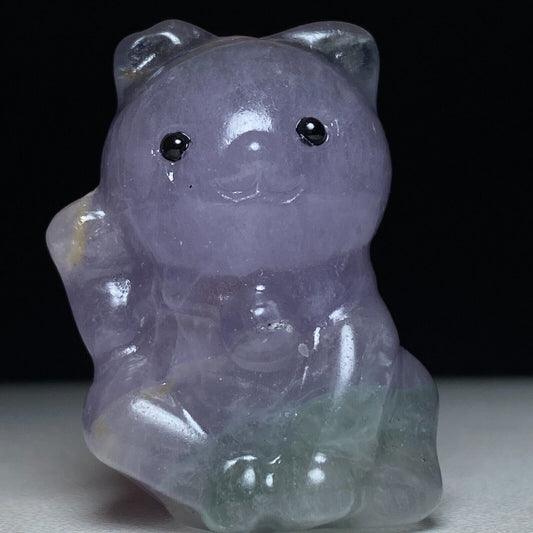 Rare Fluorite Lucky Cat with Solid Crystals, 36mm Tall, 30g (Purple, Green)