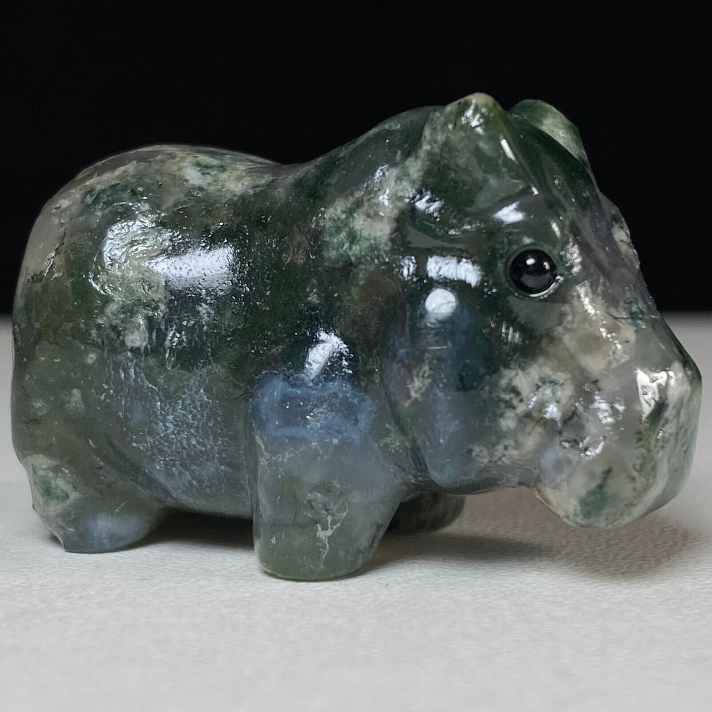 Rare Moss Agate Hippo, 23mm Tall, 28g (Green)