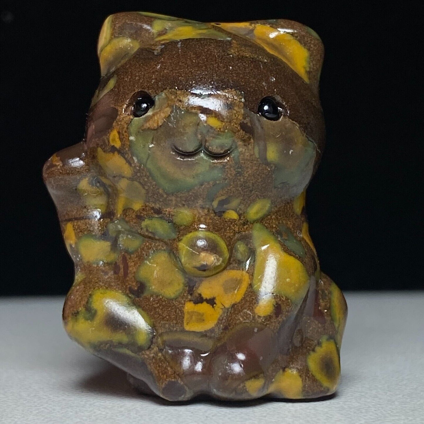 Common Bamboo Jasper Lucky Cat, 36mm Tall, 30g (Orange, Green, Brown)