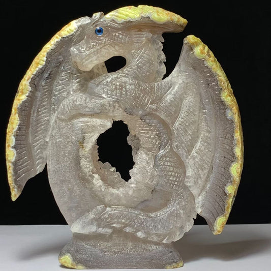 Exquisite Agate Dragon with Quartz Crystals, 244g (Purple, Clear, Yellow)