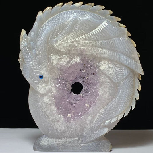 Precious Agate Dragon with Amethyst Crystals, 320g (Purple, Clear)