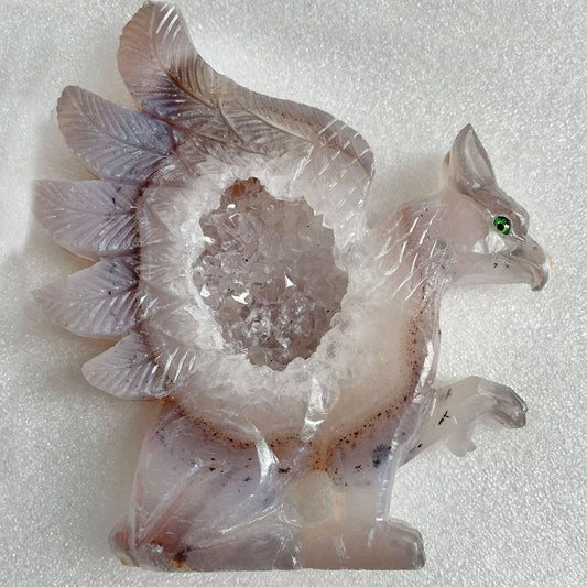 Stunning Agate Gryphon with Quartz Crystals, 210g (Purple, Clear)