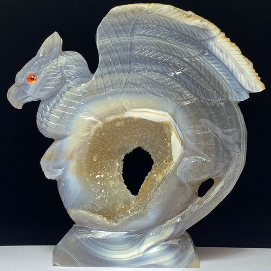 Precious Agate Gryphon with Quartz Crystals, 247g (Purple, Clear, Yellow)