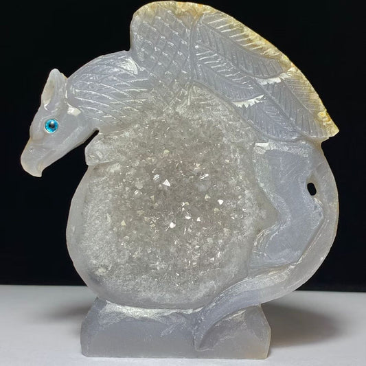 Stunning Agate Gryphon with Quartz Crystals, 211g (Purple, Clear, Yellow)
