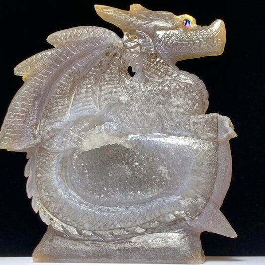 Stunning Agate Dragon with Quartz Crystals, 120mm Tall, 310g (Purple, Clear)