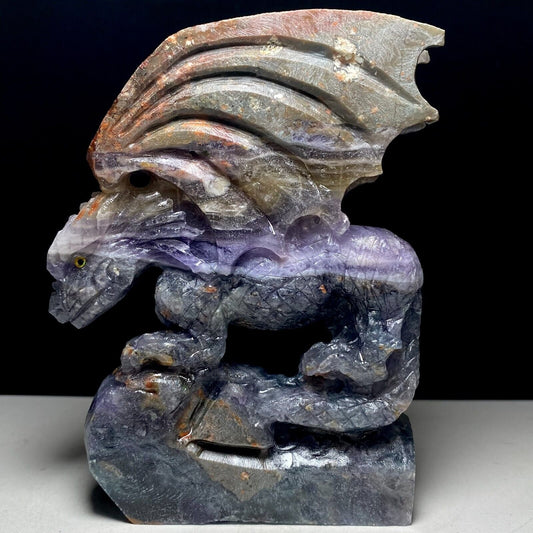 Precious Agate Dragon with Quartz Crystals, 134mm Tall, 520g (Purple, Red, Gray)