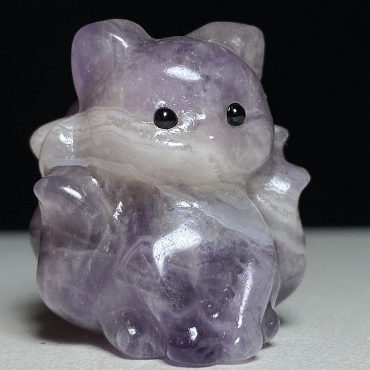 Rare Amethyst Sit Kitsune with Solid Crystals, 32mm Tall, 36g (Purple, White)