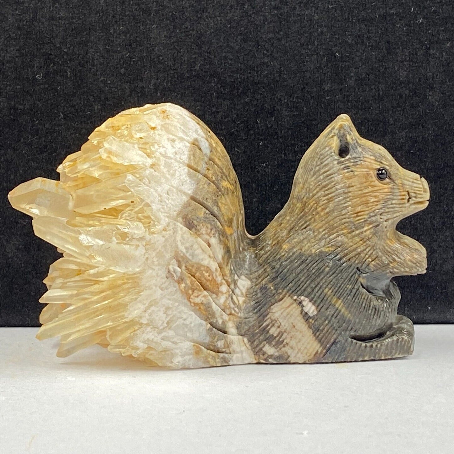 Unusual Stone Squirrel with Quartz Crystals, 50mm Tall, 199g (Orange, Yellow, Brown)