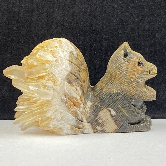 Unusual Stone Squirrel with Quartz Crystals, 50mm Tall, 199g (Orange, Yellow, Brown)