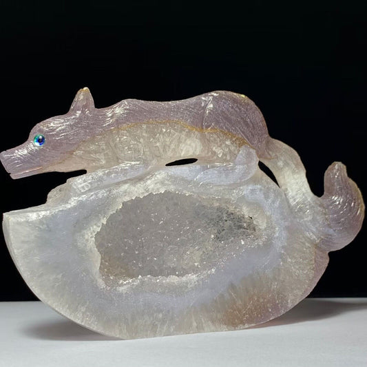 Precious Agate Wolf with Quartz Crystals, 82mm Tall, 247g (Purple, Clear)