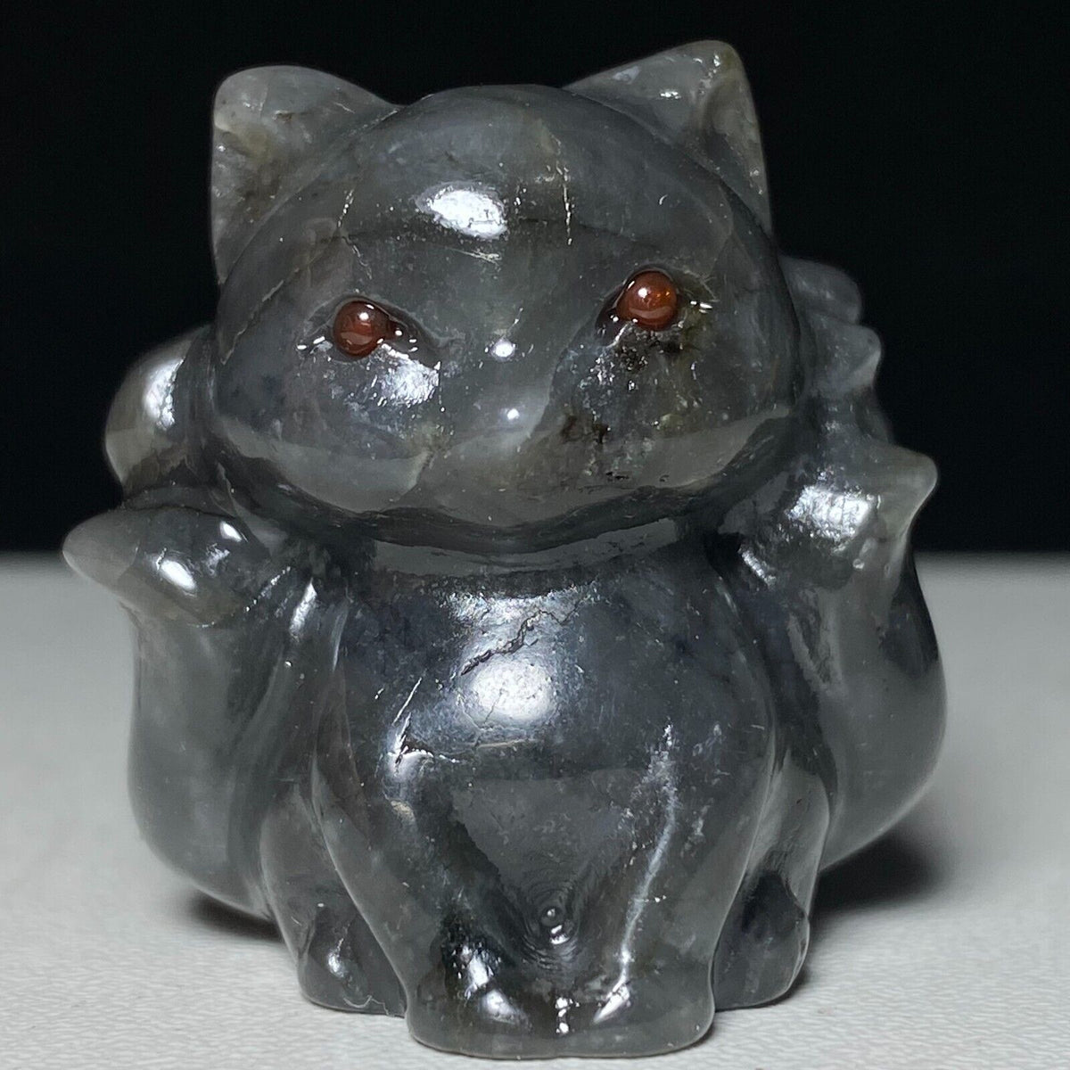Rare Moonstone Sit Kitsune, 32mm Tall, 37g (Black, Blue)