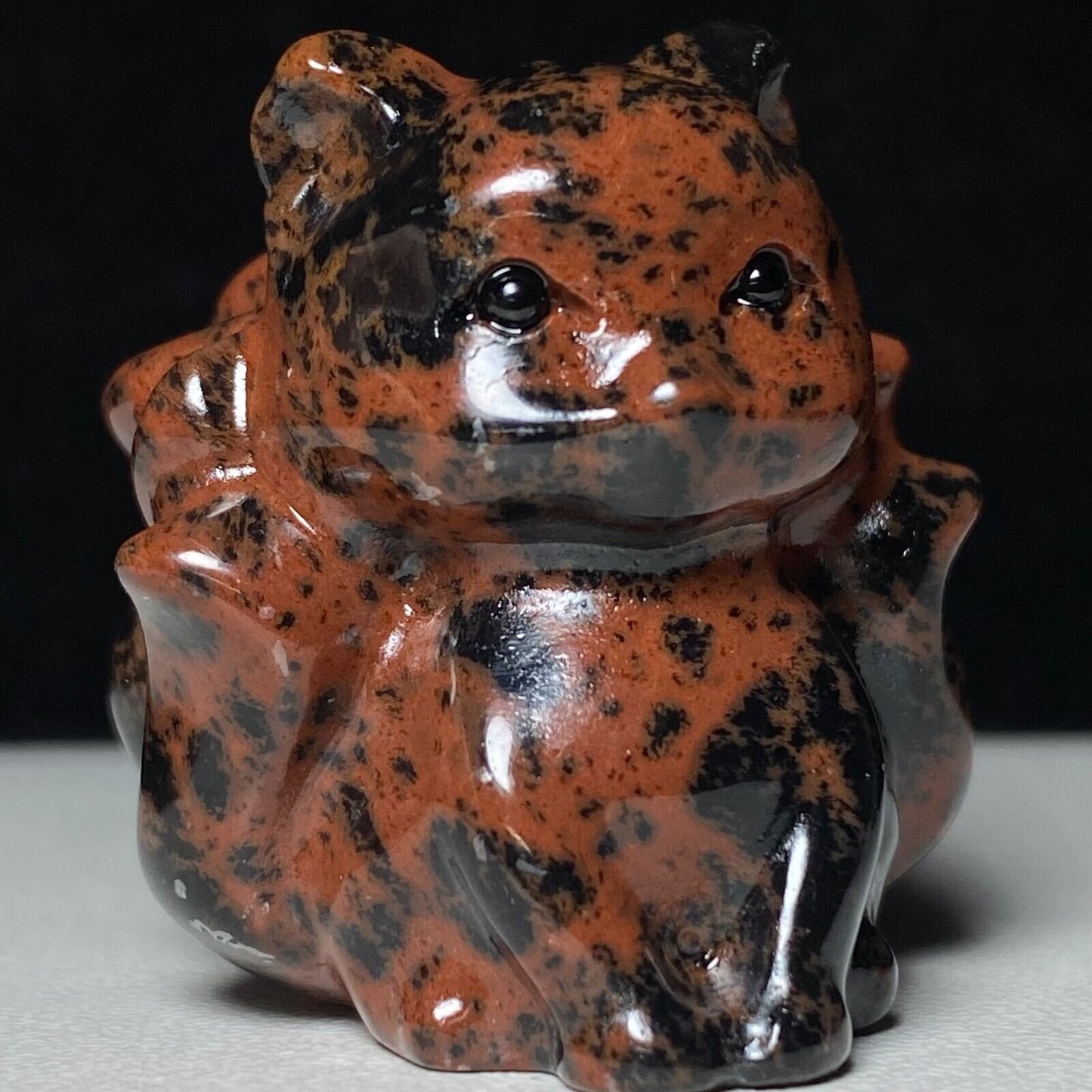 Unusual Mahogany Obsidian Sit Kitsune, 32mm Tall, 37g (Red)