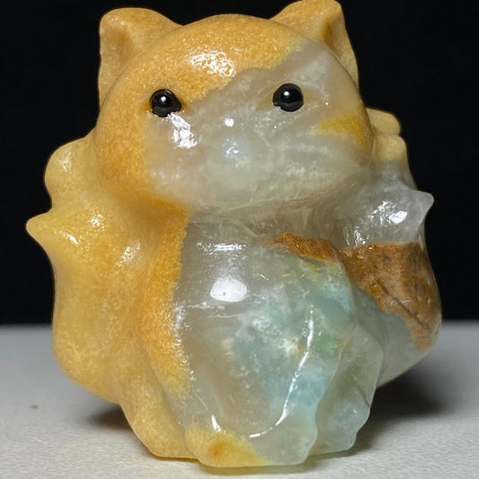 Rare Sunstone Sit Kitsune, 32mm Tall, 37g (Orange, Green, Yellow)