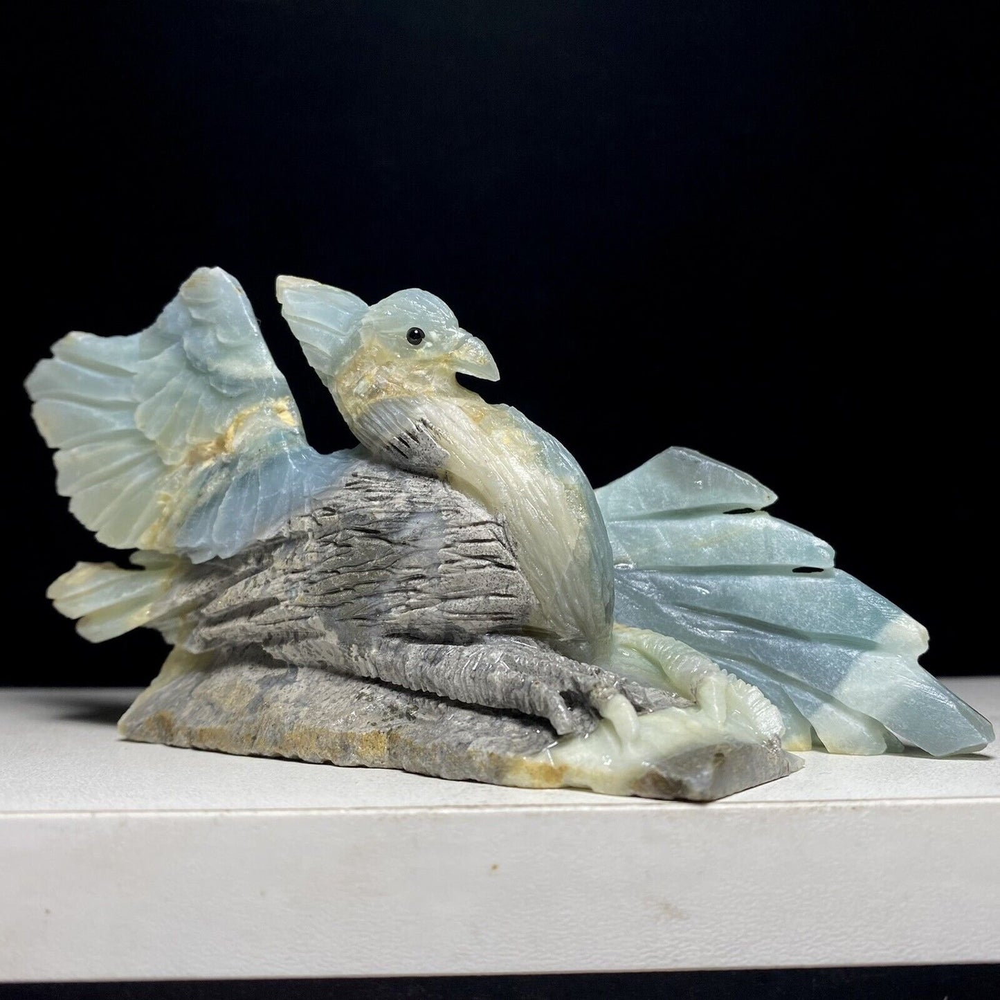 Precious Amazonite Phoenix with Pyrite Crystals, 74mm Tall, 312g (Blue, Green, Yellow)