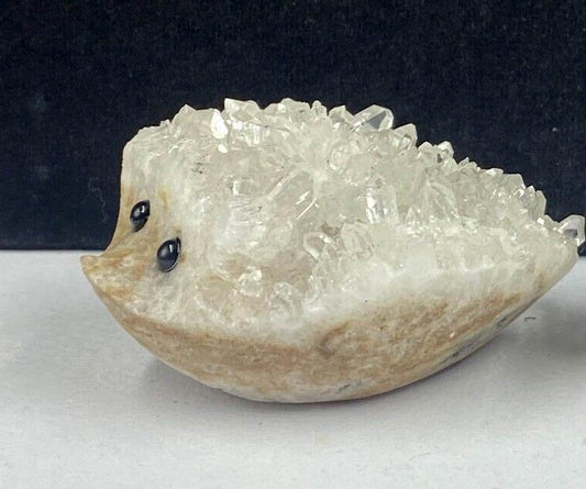 Unusual Stone Hedgehog with Quartz Crystals, 45mm Tall, 122g (Clear, White, B rown)