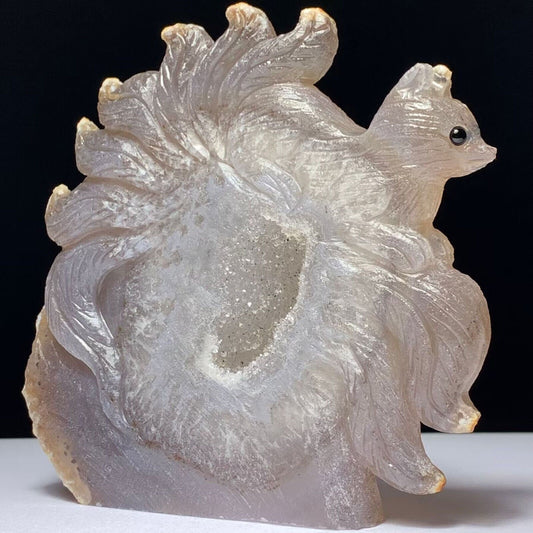Precious Agate Kitsune with Solid Crystals, 93mm Tall, 240g (Purple, Clear)