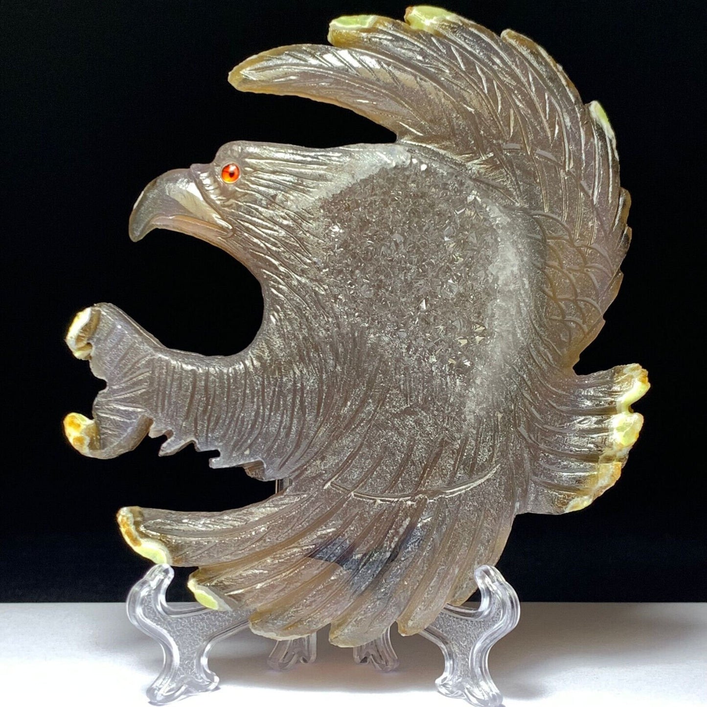 Stunning Agate Eagle with Solid Crystals, 121mm Tall, 241g (Purple, Clear, Yellow)