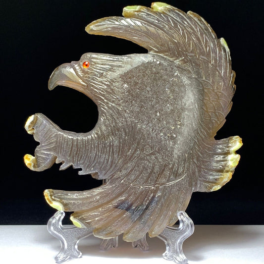 Stunning Agate Eagle with Solid Crystals, 121mm Tall, 241g (Purple, Clear, Yellow)