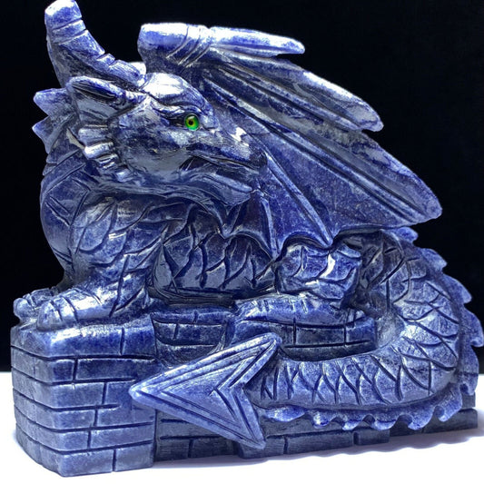 Precious Sodalite Dragon with Inclusion Crystals, 108mm Tall, 863g (Blue, Black, Gray)