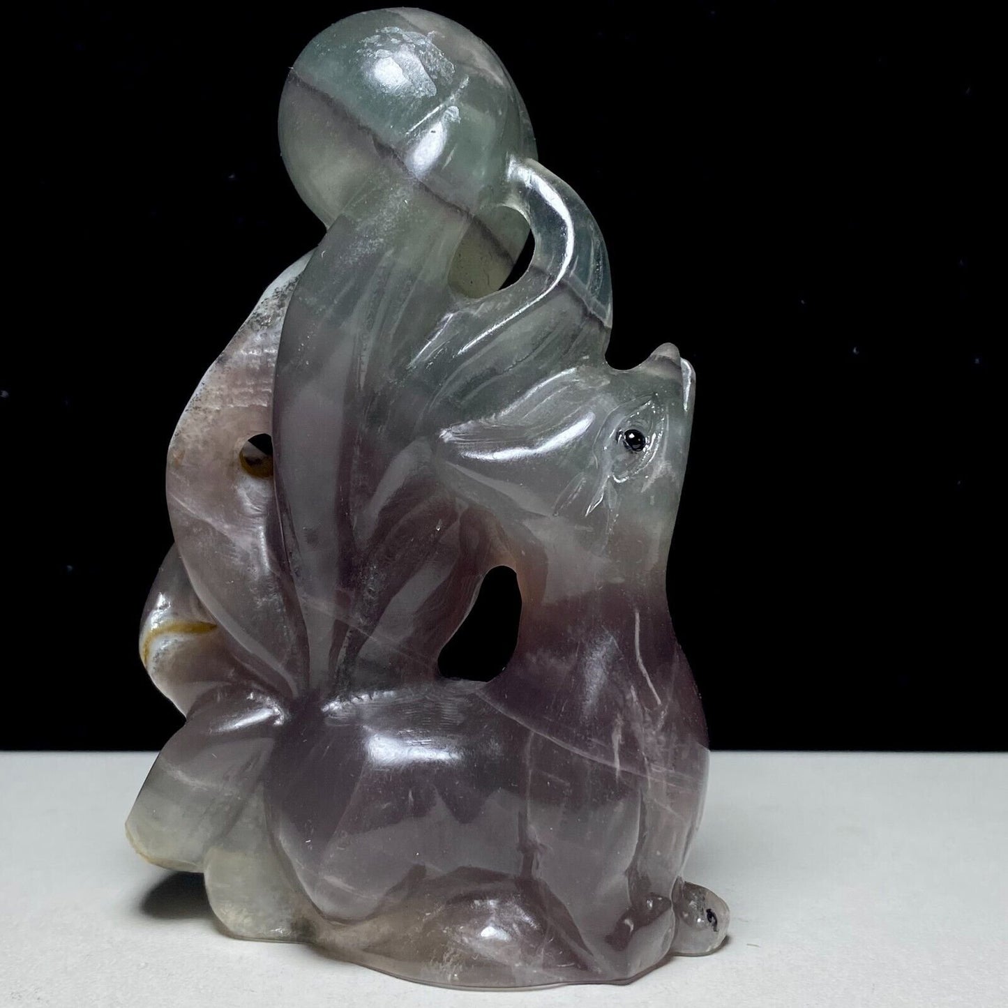 Rare Fluorite Kitsune with Solid Crystals, 89mm Tall, 177g (Purple, Green, Clear)