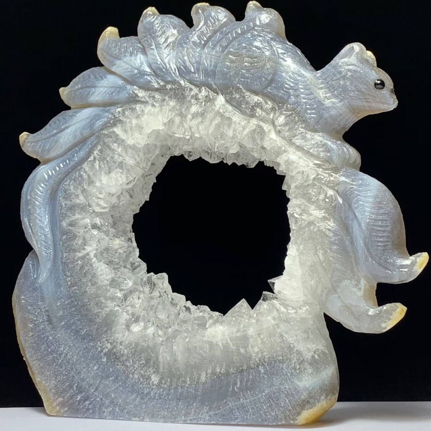 Precious Agate Kitsune with Solid Crystals, 107mm Tall, 255g (Purple, Clear)