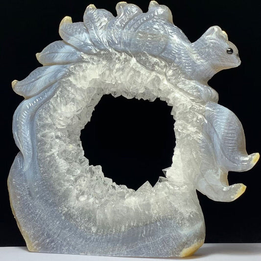 Precious Agate Kitsune with Solid Crystals, 107mm Tall, 255g (Purple, Clear)