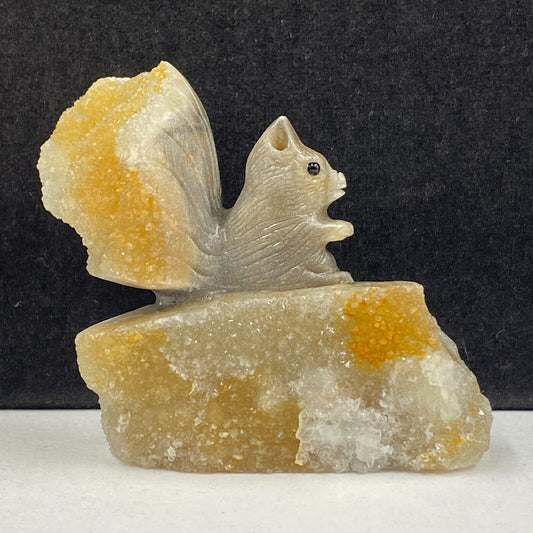 Unusual Sphalerite Squirrel with Druzy Quartz Crystals, 67mm Tall, 170g (Yellow, Orange, White)