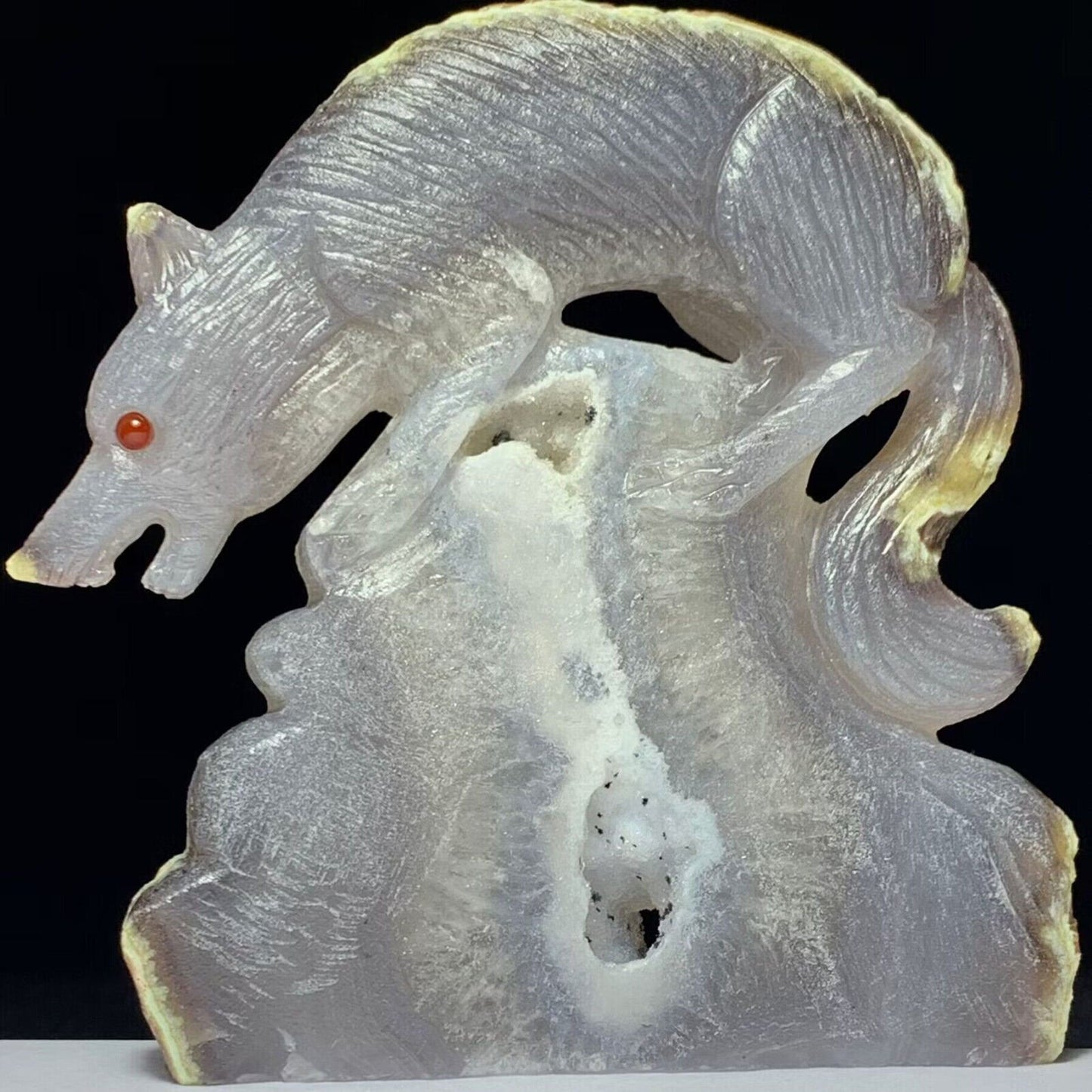 Stunning Agate Wolf with Solid Crystals, 94mm Tall, 251g (Purple, Clear, Yellow)