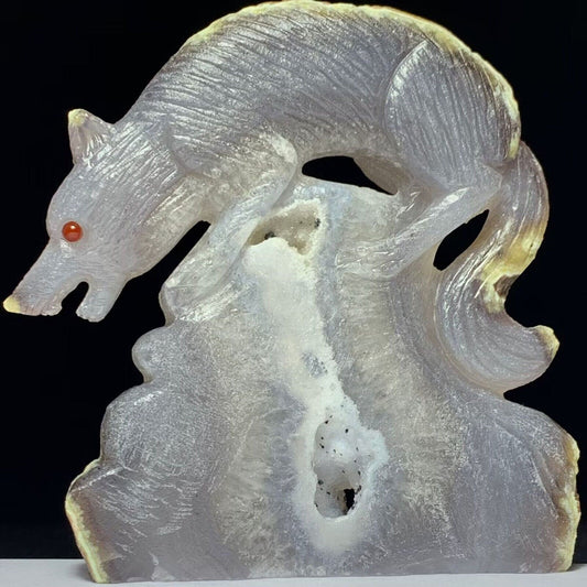 Stunning Agate Wolf with Solid Crystals, 94mm Tall, 251g (Purple, Clear, Yellow)