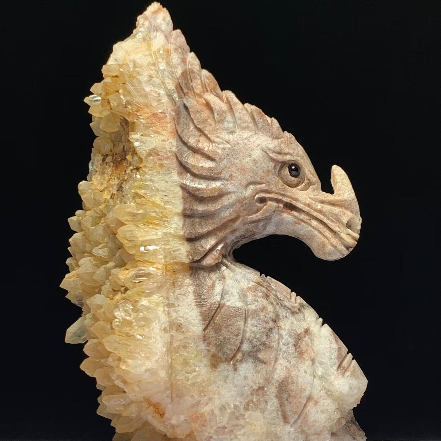 Unusual Stone Dragon with Quartz Crystals, 124mm Tall, 356g (Red, Orange, Pink, Brown)