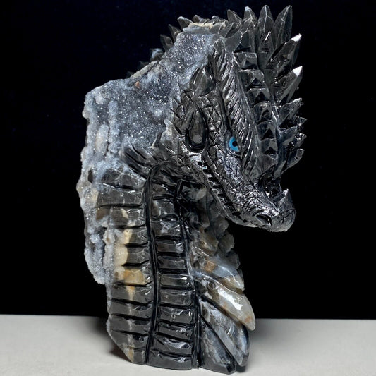 Stunning Sphalerite Dragon with Druzy Quartz Crystals, 116mm Tall, 625g (Black, Gray)