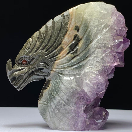 Rare Stone Dragon with Amethyst Crystals, 90mm Tall, 260g (Purple, White, Brown)