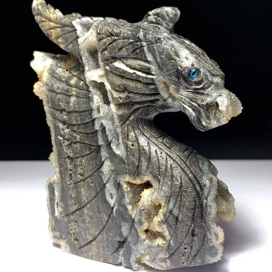Stunning Stone Dragon with Druzy Quartz Crystals, 100mm Tall, 325g (Gray, Black, Brown)