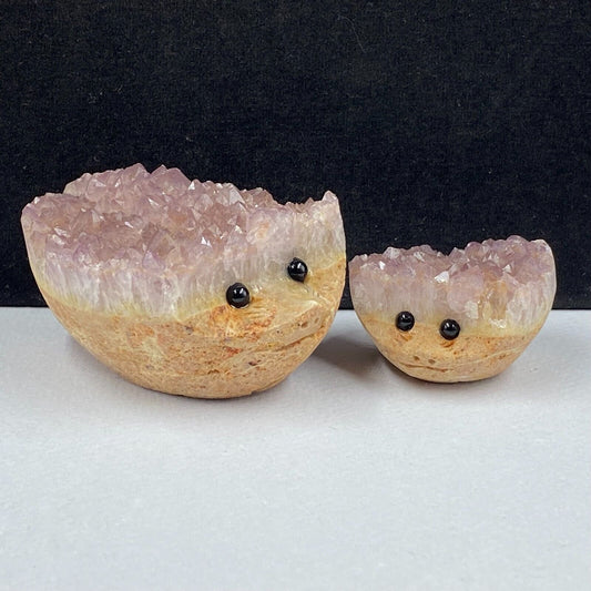 Unusual Stone Hedgehog with Rose Quartz Crystals, 38mm Tall, 210g (Purple, Clear, Yellow)