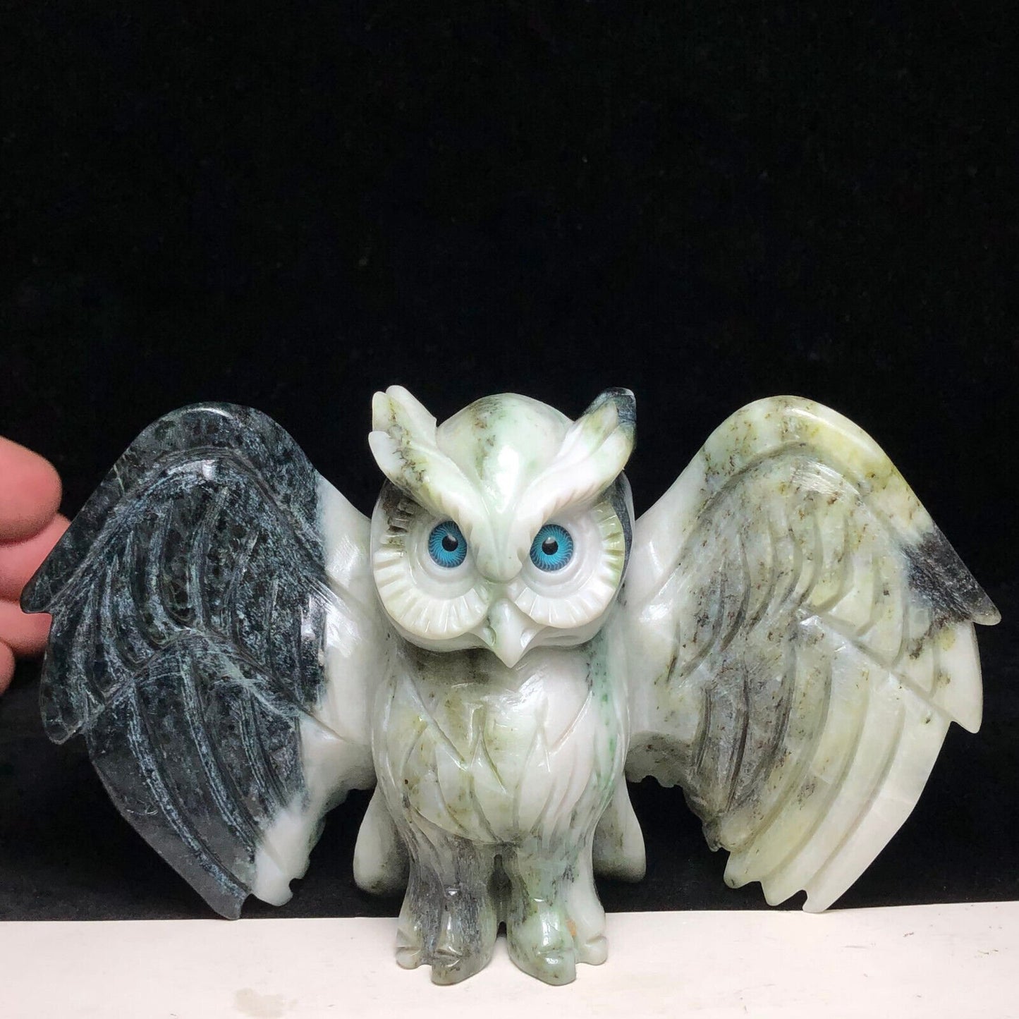 Rare Marbled Jadeite Owl, 78mm Tall, 414g (White, Green, Black)