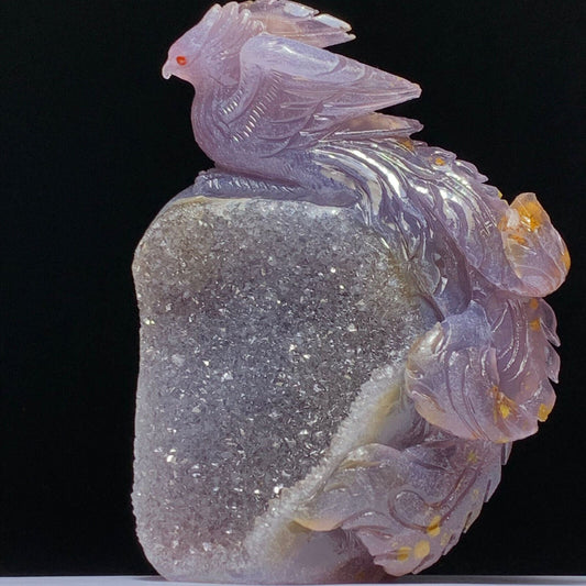 Epic Agate Phoenix with Quartz Crystals, 123mm Tall, 582g (Purple, Pink, Clear, White)