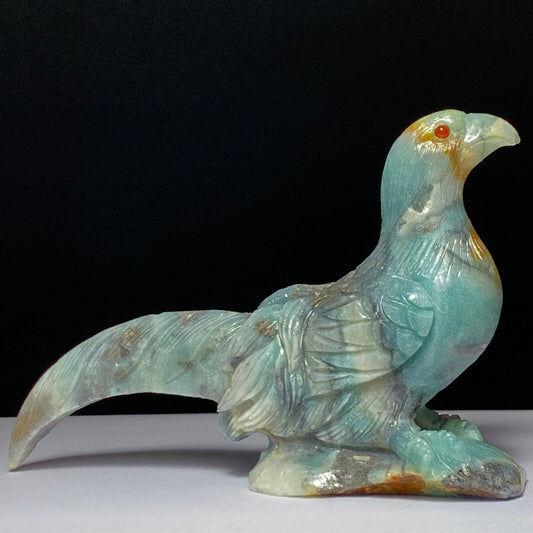 Precious Amazonite Pheasant with Geodic Quartz & Pyrite Crystals, 84mm Tall, 233g (Blue, Green, Orange)