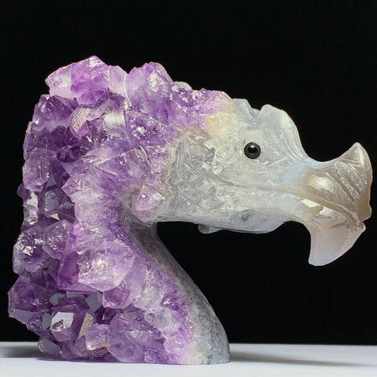 Exquisite Amethyst Dragon with Cluster Crystals, 82mm Tall, 371g (Purple, White, Clear)