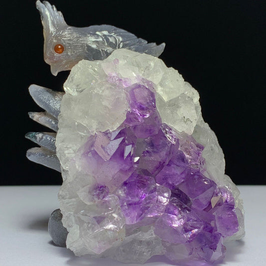 Precious Agate Cardinal Phoenix with Amethyst Crystals, 83mm Tall, 328g (Purple, White, Gray)