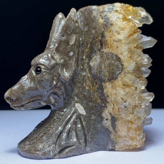 Rare Stone Anubis with Quartz Crystals, 67mm Tall, 281g (Orange, Brown, Gray)