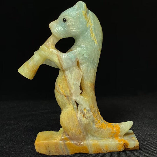 Stunning Amazonite Otter with Druzy Quartz Crystals, 115mm Tall, 205g (Yellow, Green, Brown)