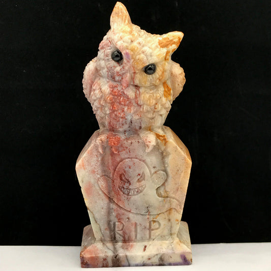 Rare Amazonite Owl, 112mm Tall, 233g (Yellow, Cream, Red)