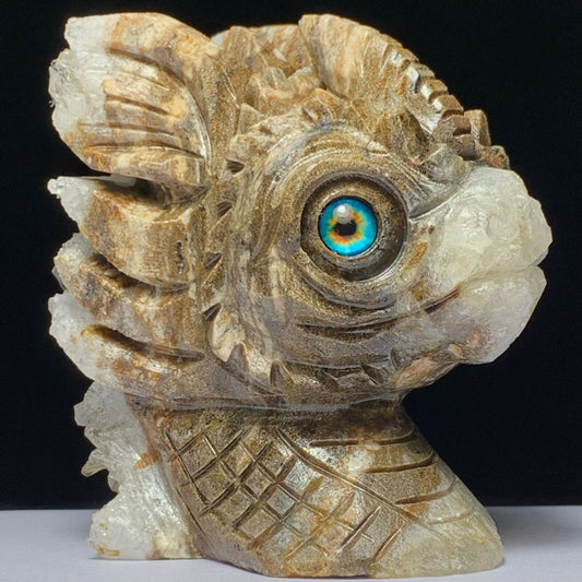 Stone Dragon with Quartz Crystals, 84mm Tall, 388g (Gray, Cream, White)