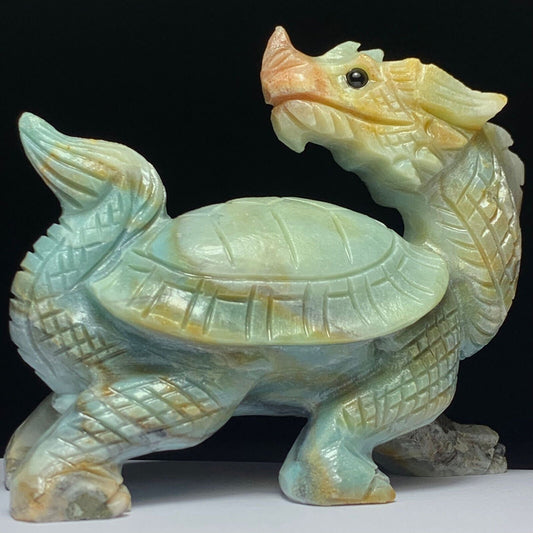 Precious Amazonite Turtle Dragon with Quartz, Pyrite Crystals, 95mm Tall, 435g (Green, Yellow, Blue)