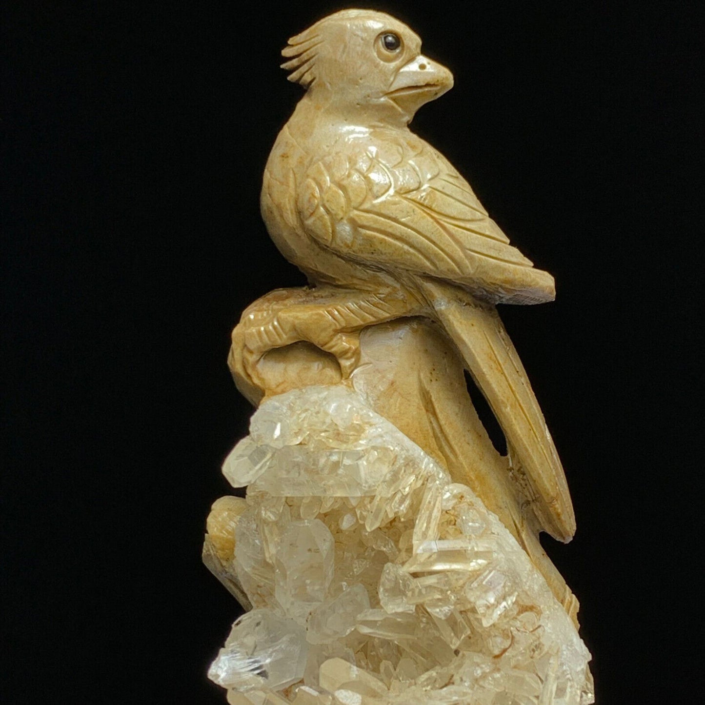 Rare Yellow Jasper Bird with Quartz Crystals, 111mm Tall, 188g (Cream, White, Clear)