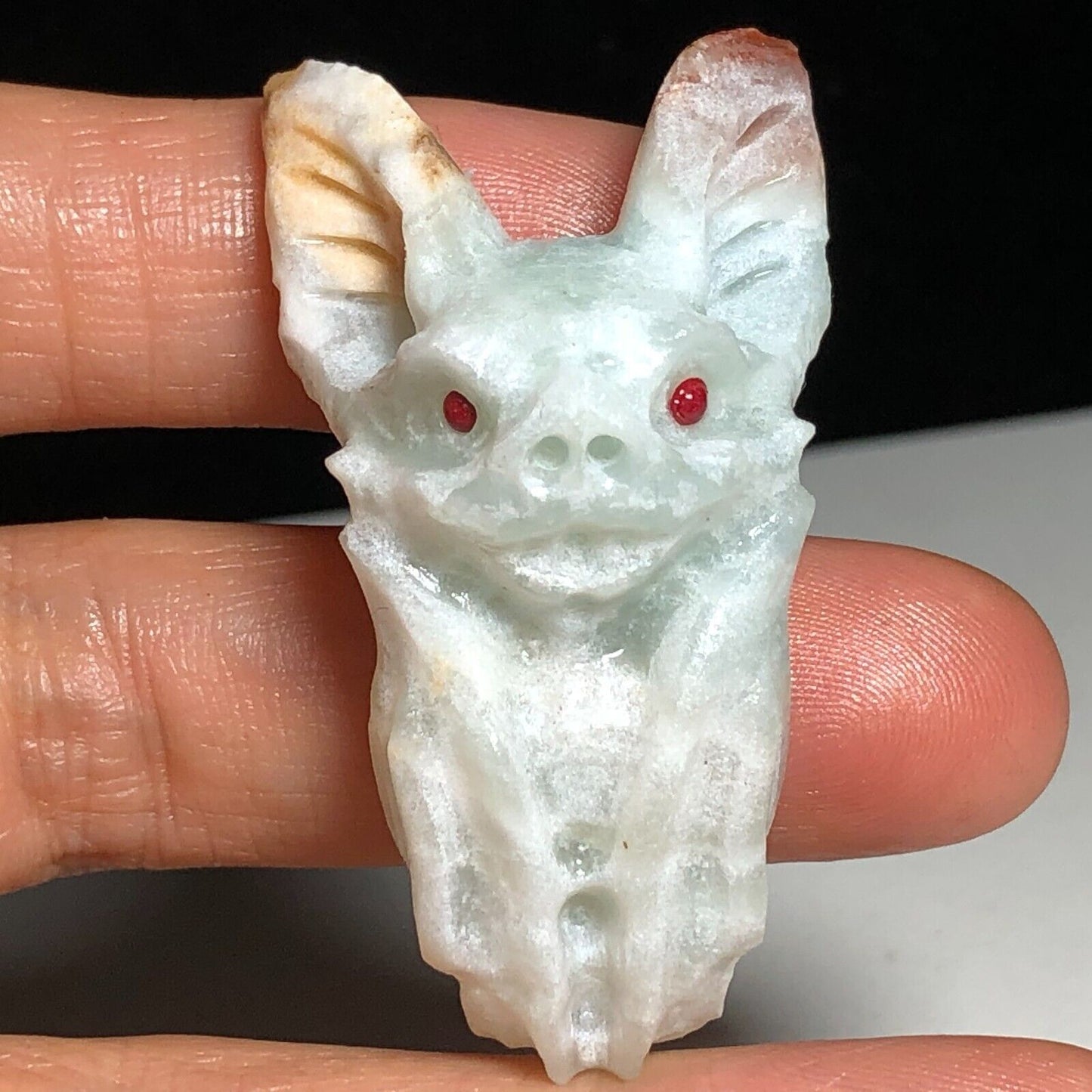 Rare Amazonite Vampire Bat with Druzy Quartz Crystals, 50mm Tall, 24g (White, Green, Cream)