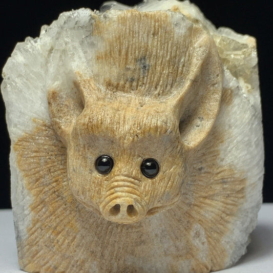 Unusual Stone Bat with Quartz Crystals, 70mm Tall, 196g (Cream, White, Black)