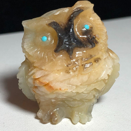 Rare Amazonite Owl, 35mm Tall, 31g (Cream, Black, Blue)