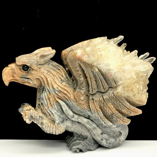 Stunning Stone Gryphon with Quartz Crystals, 81mm Tall, 271g (Cream, White, Gray)