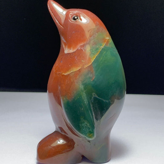 Stunning Marine Jasper Penguin, 82mm Tall, 148g (Green, Brown, Orange)